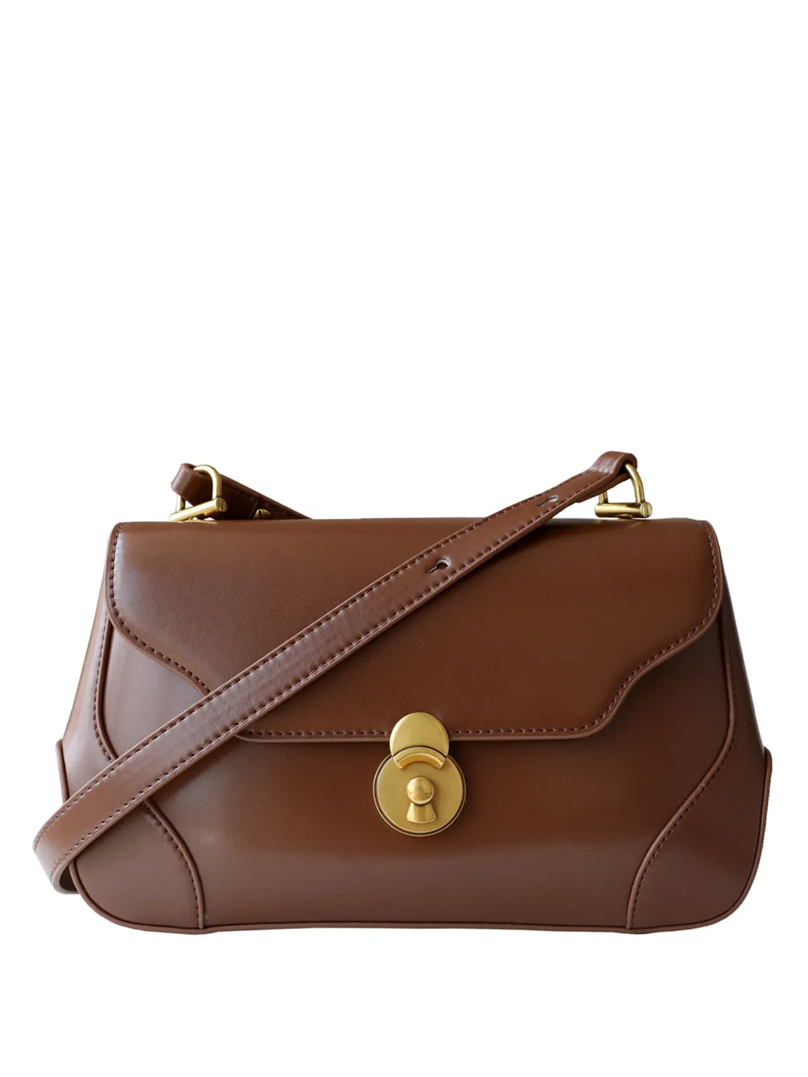 Baguette Shoulder Bag 90s Vintage Flap Top Crossbody Handbag Round Gold Hardware